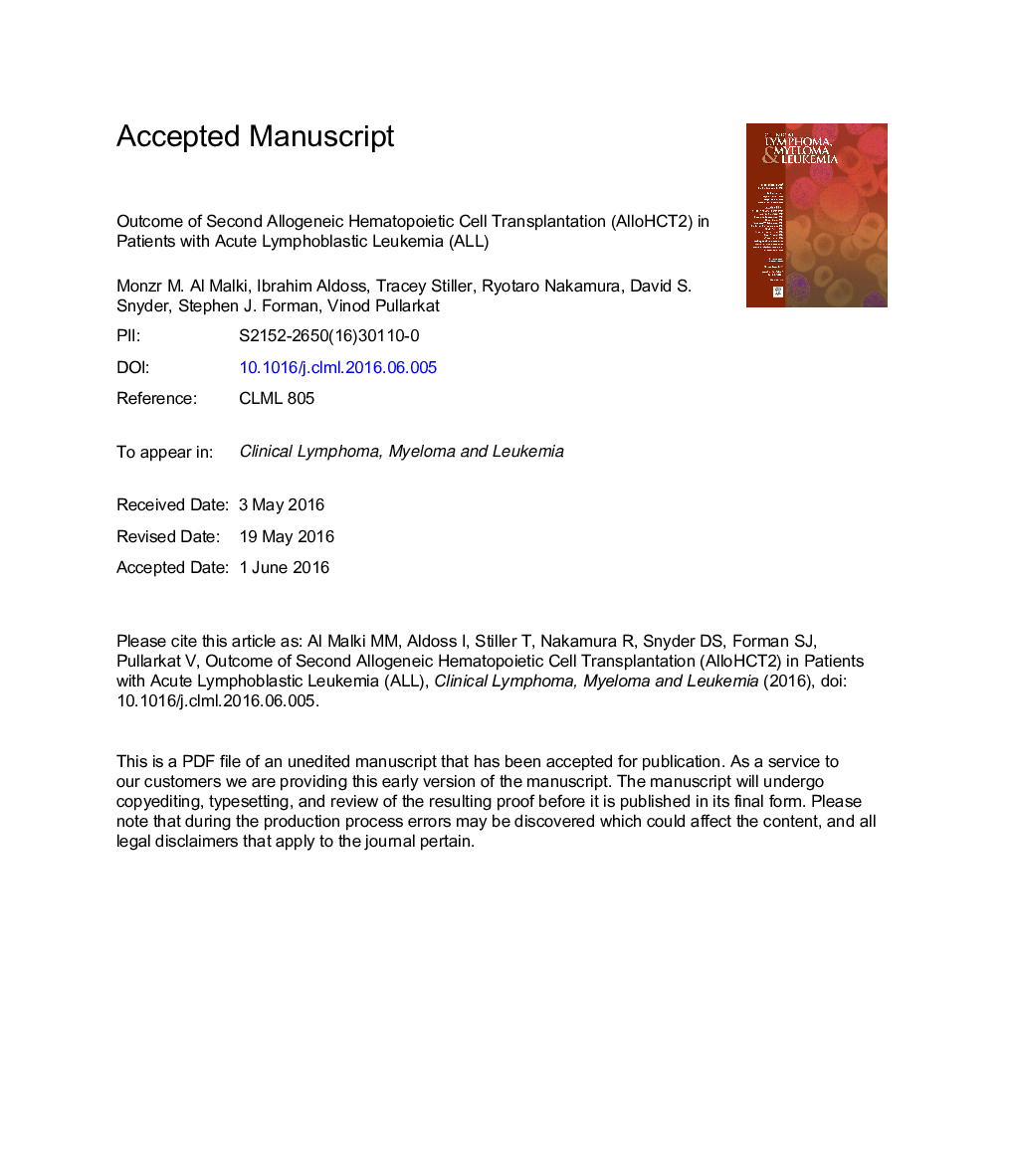 Outcome of Second Allogeneic Hematopoietic Cell Transplantation in Patients With Acute Lymphoblastic Leukemia