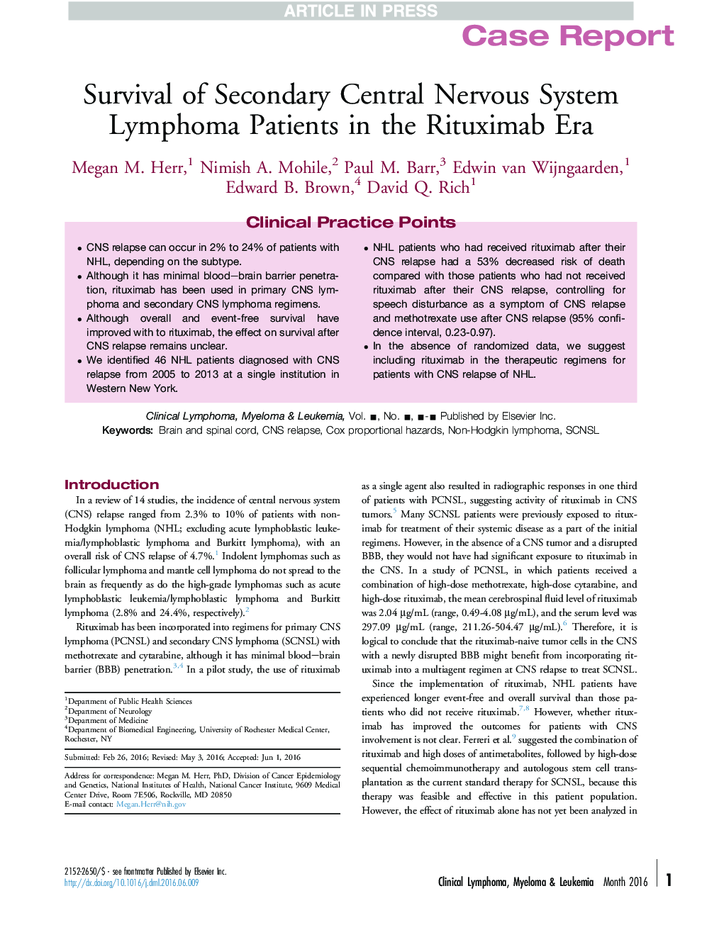 Survival of Secondary Central Nervous System Lymphoma Patients in the Rituximab Era
