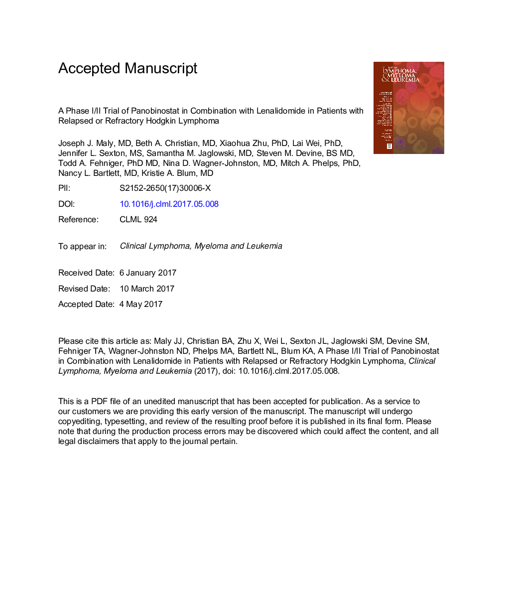 A Phase I/II Trial of Panobinostat in Combination With Lenalidomide in Patients With Relapsed or Refractory Hodgkin Lymphoma