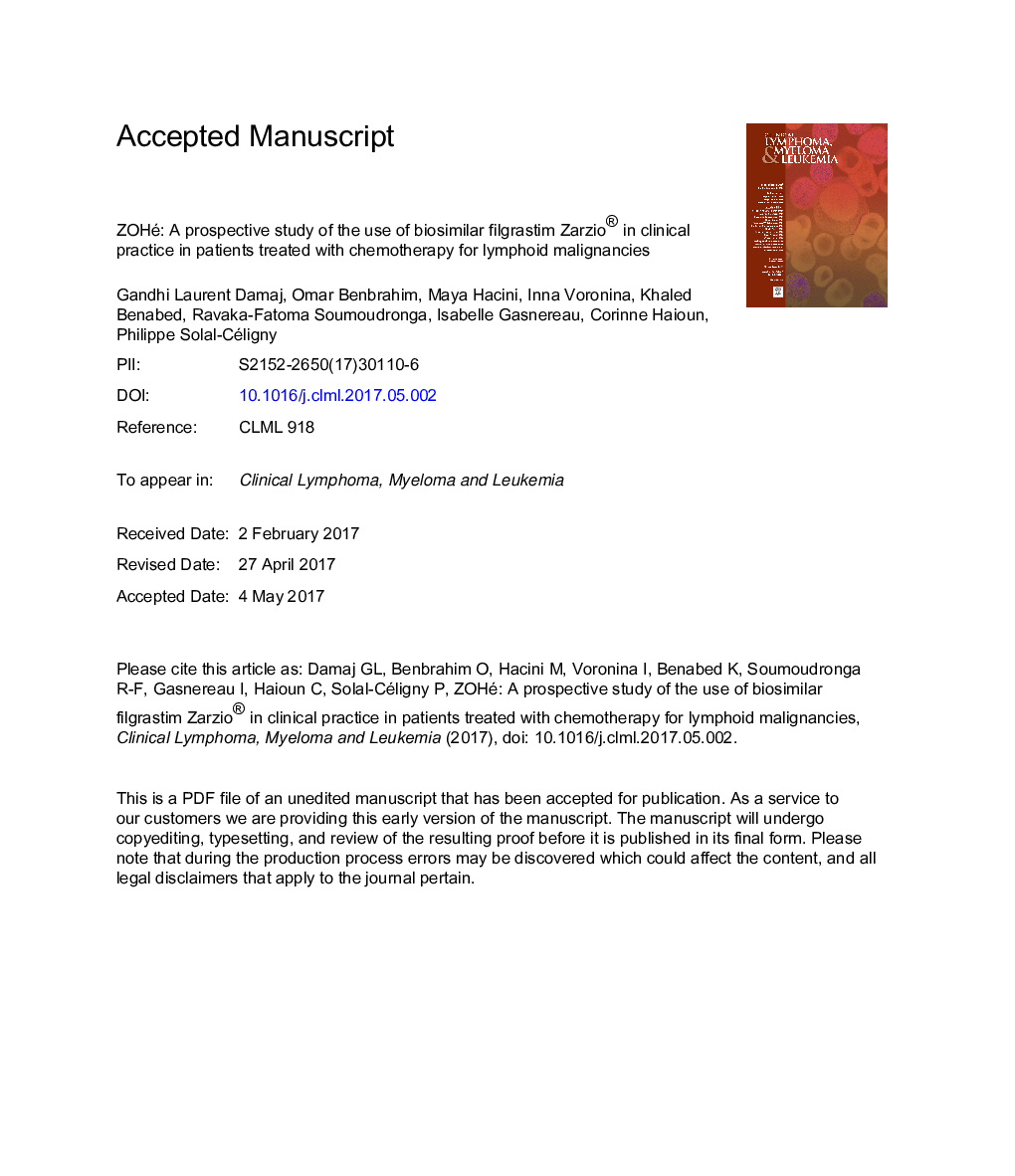 ZOHé: A Prospective Study of the Use of Biosimilar Filgrastim Zarzio in Clinical Practice in Patients Treated With Chemotherapy for Lymphoid Malignancies