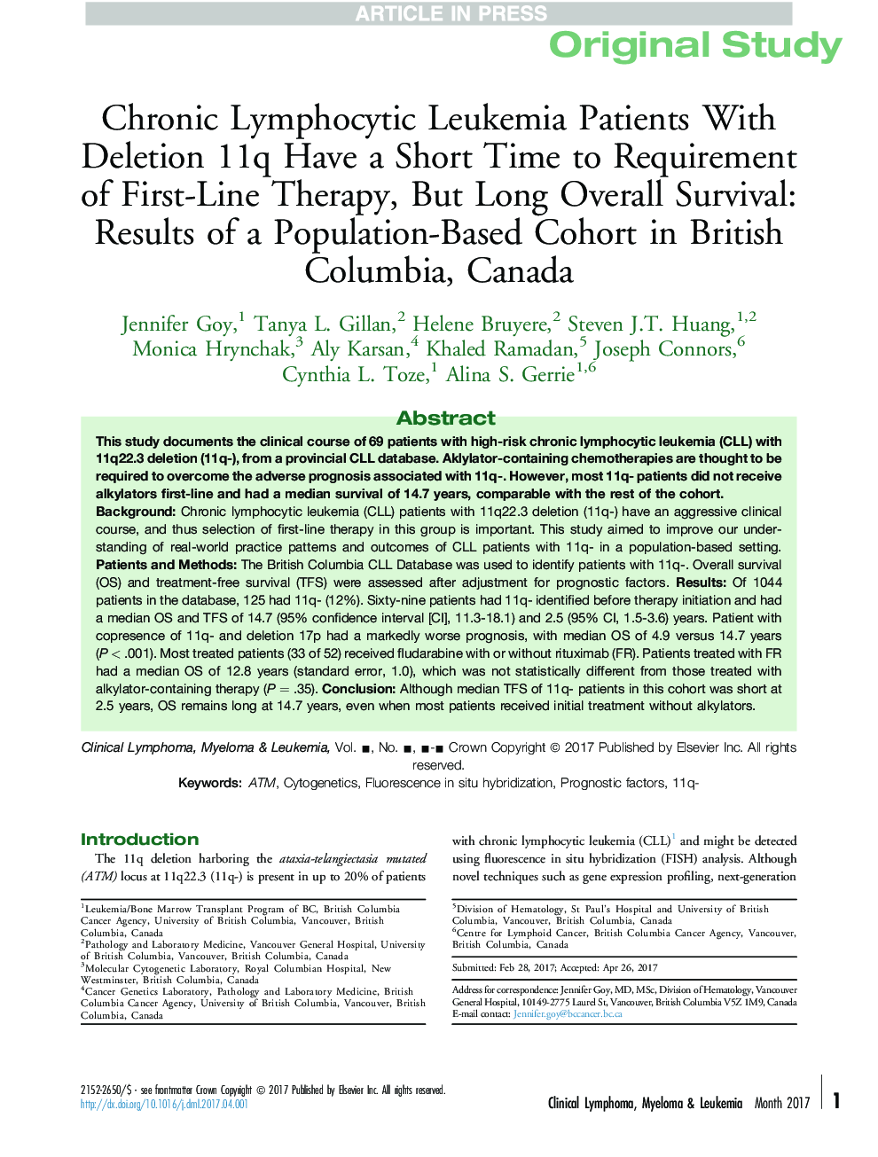 Chronic Lymphocytic Leukemia Patients With Deletion 11q Have a Short Time to Requirement of First-Line Therapy, But Long Overall Survival: Results of a Population-Based Cohort in British Columbia, Canada