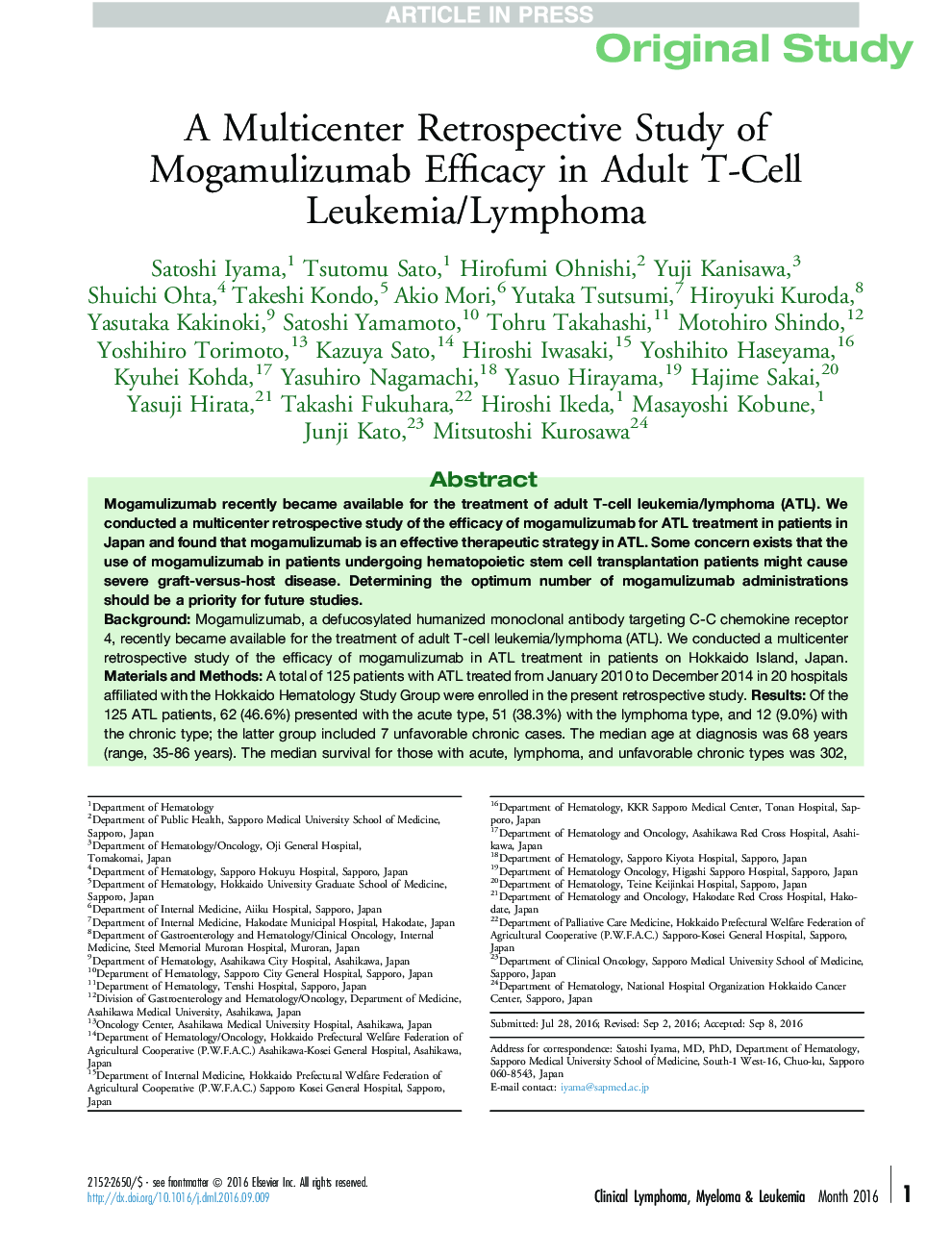 A Multicenter Retrospective Study of Mogamulizumab Efficacy in Adult T-Cell Leukemia/Lymphoma