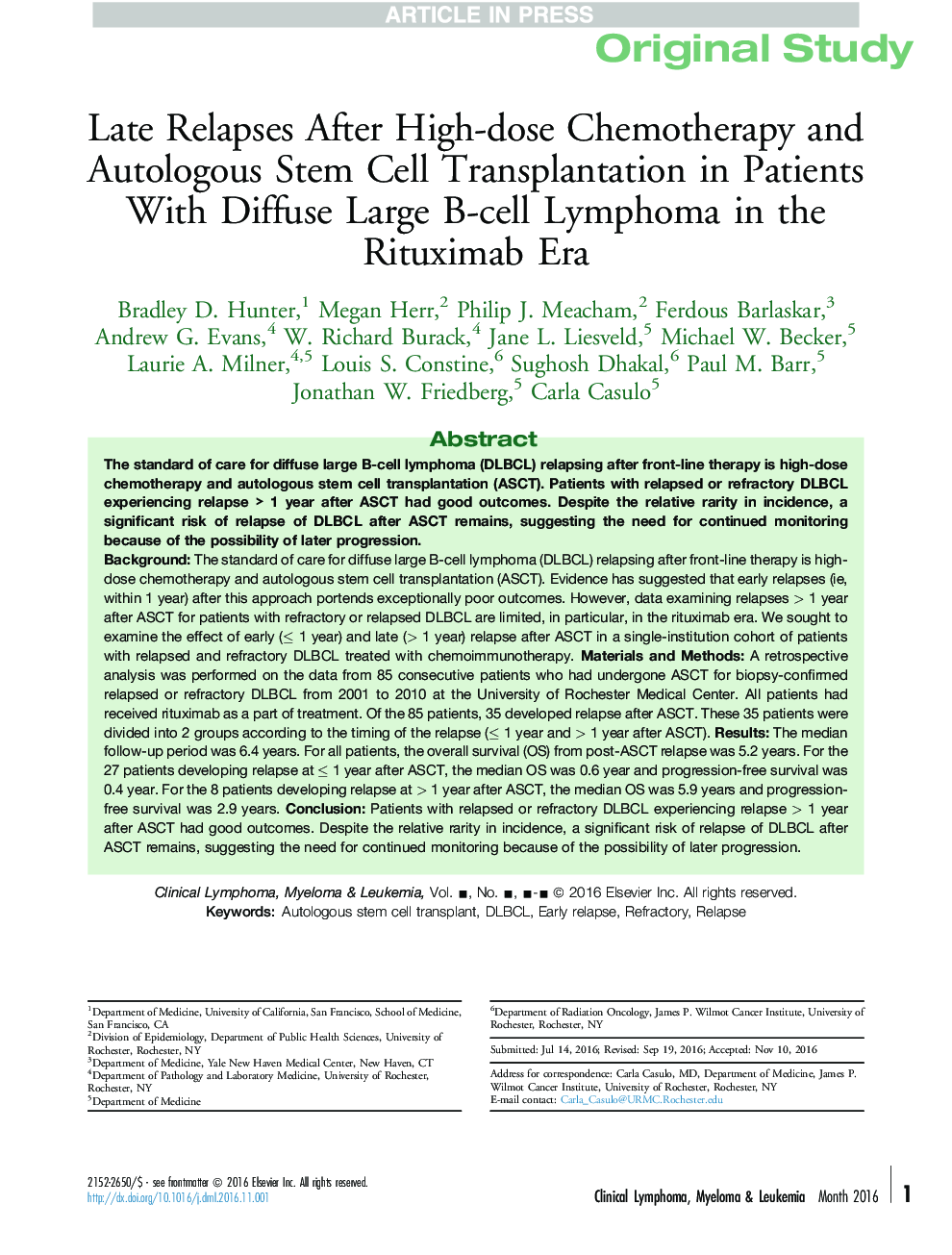 Late Relapses After High-dose Chemotherapy and Autologous Stem Cell Transplantation in Patients With Diffuse Large B-cell Lymphoma in the Rituximab Era