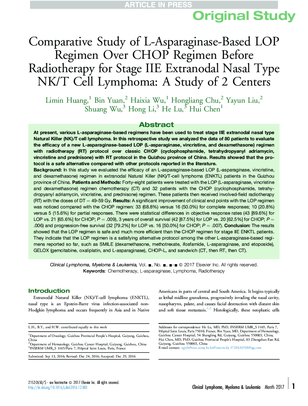 Comparative Study of L-Asparaginase-Based LOP Regimen Over CHOP Regimen Before Radiotherapy for Stage IIE Extranodal Nasal Type NK/T Cell Lymphoma: A Study of 2 Centers