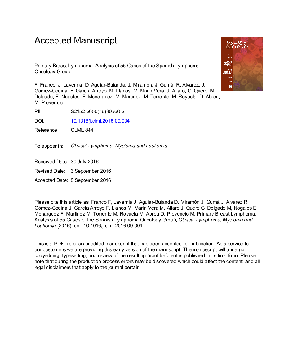 Primary Breast Lymphoma: Analysis of 55 Cases of the Spanish Lymphoma Oncology Group