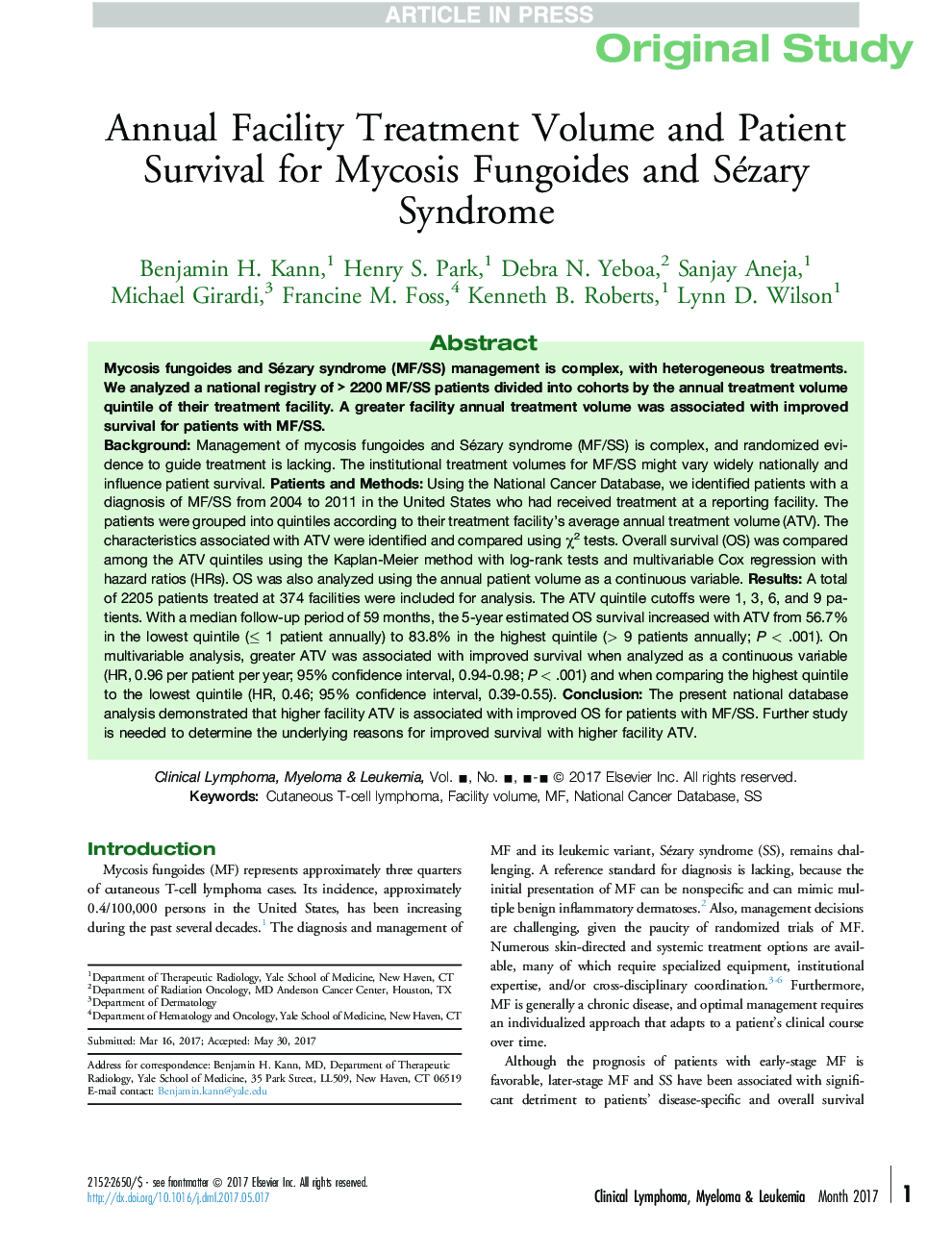 Annual Facility Treatment Volume and Patient Survival for Mycosis Fungoides and Sézary Syndrome