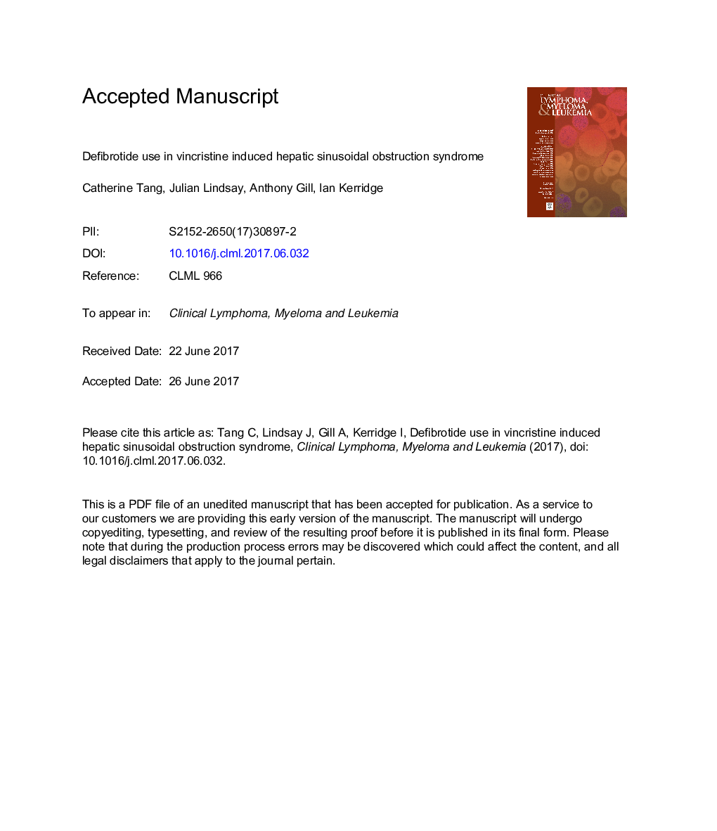 Defibrotide Use in Vincristine-induced Hepatic Sinusoidal Obstruction Syndrome