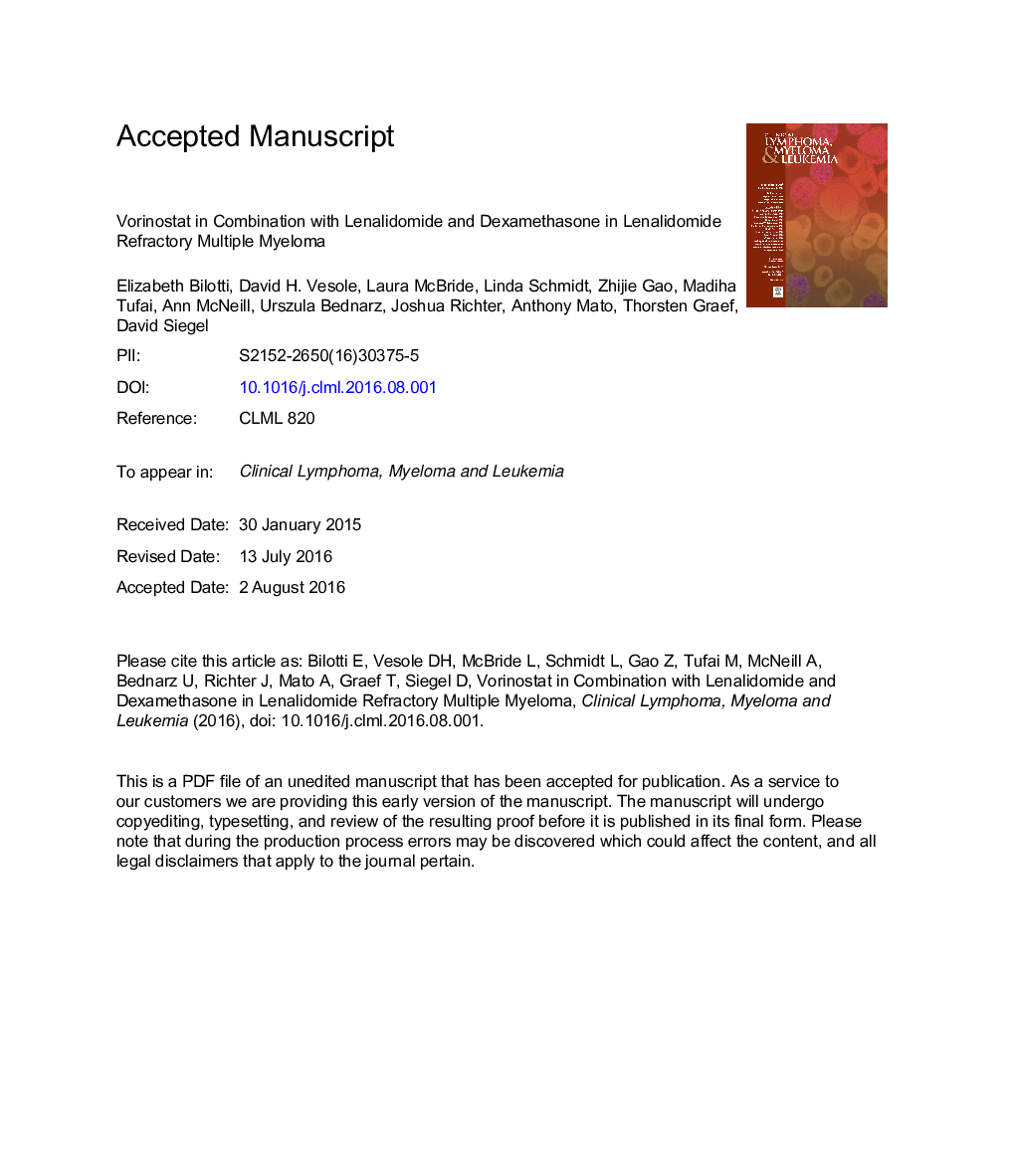 Vorinostat in Combination With Lenalidomide and Dexamethasone in Lenalidomide-Refractory Multiple Myeloma