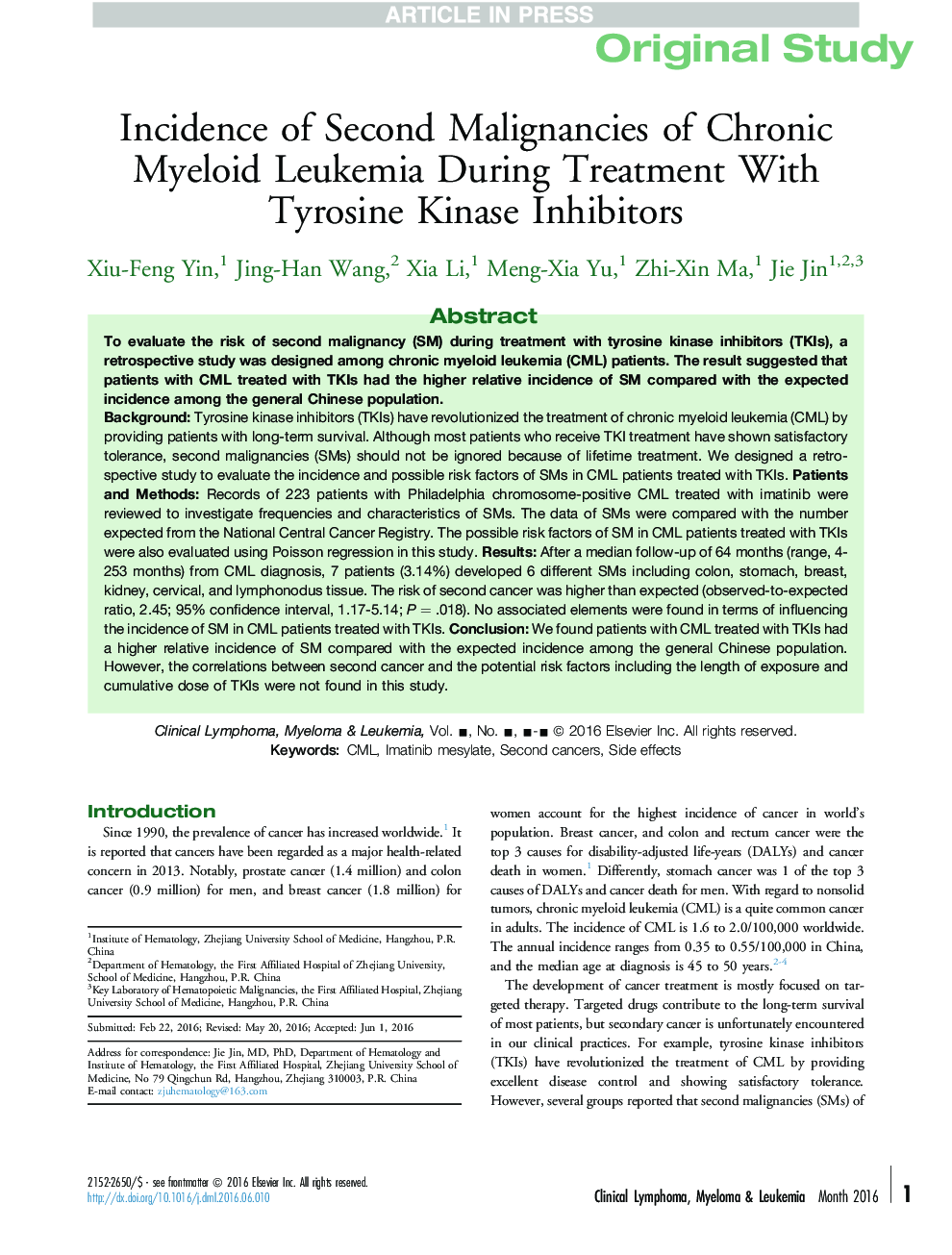 Incidence of Second Malignancies of Chronic Myeloid Leukemia During Treatment With Tyrosine Kinase Inhibitors