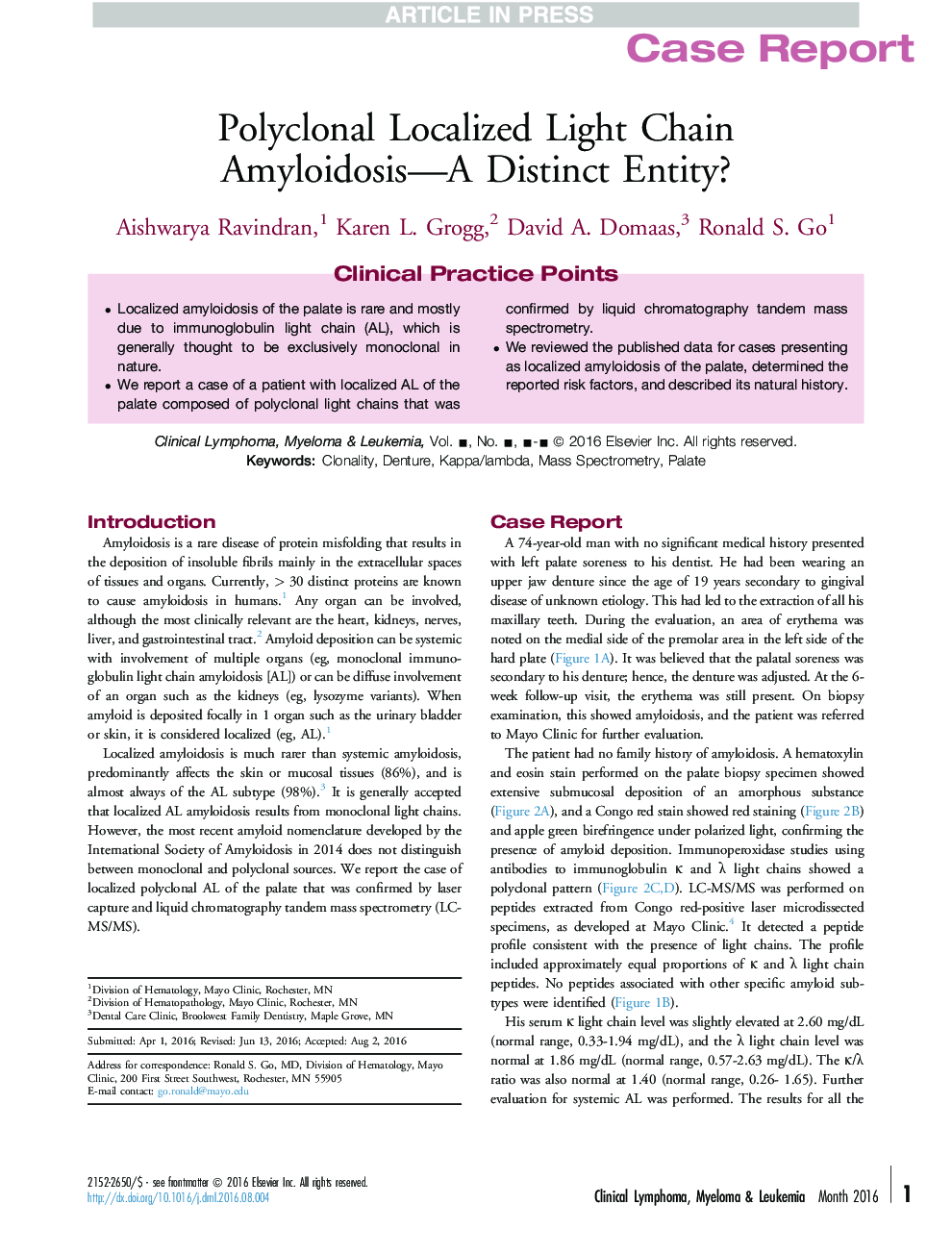 Polyclonal Localized Light Chain Amyloidosis-AÂ Distinct Entity?