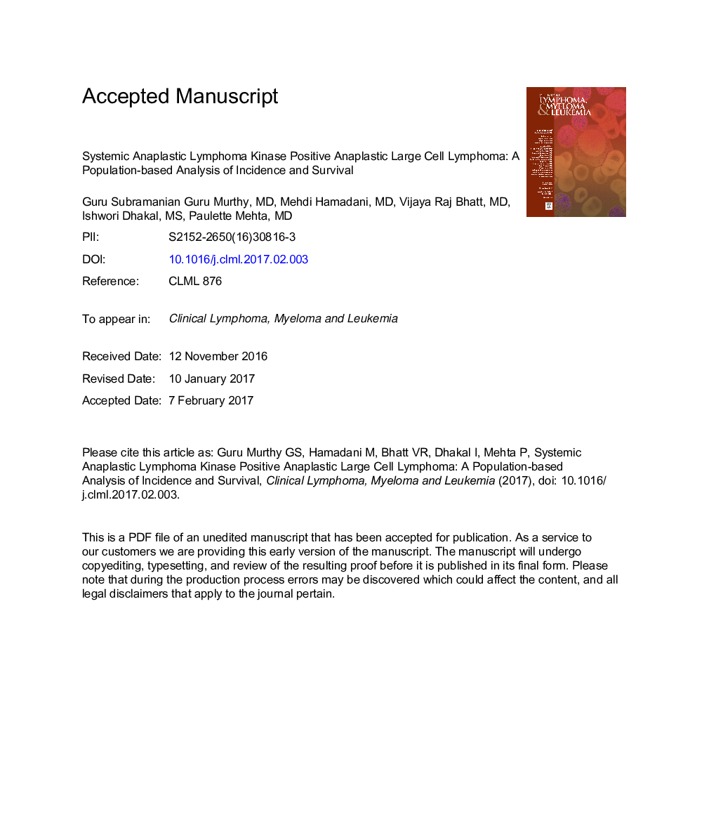 Systemic Anaplastic Lymphoma Kinase-positive Anaplastic Large Cell Lymphoma: A Population-based Analysis of Incidence and Survival