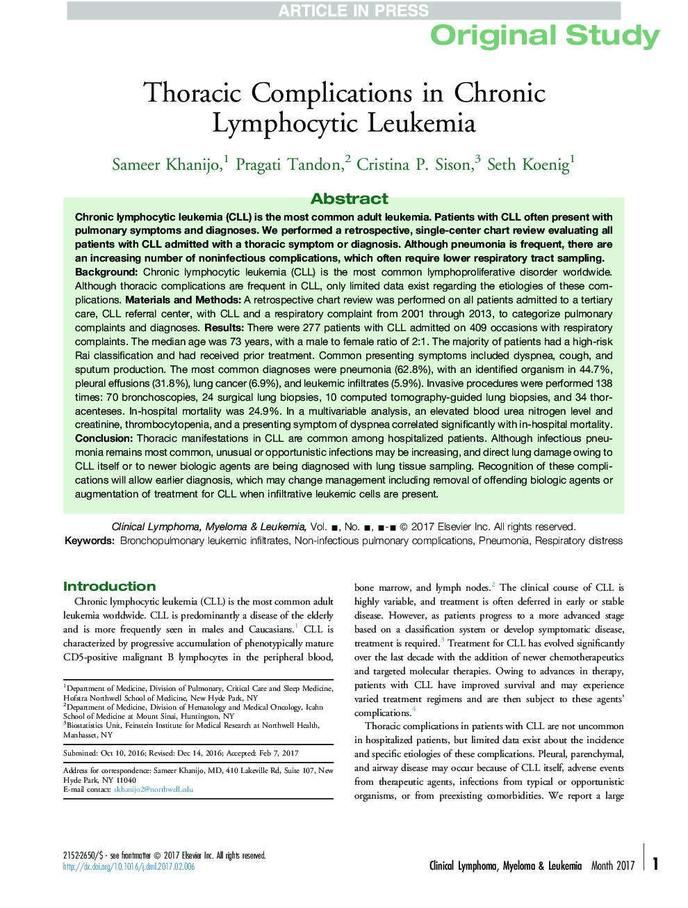 Thoracic Complications in Chronic LymphocyticÂ Leukemia