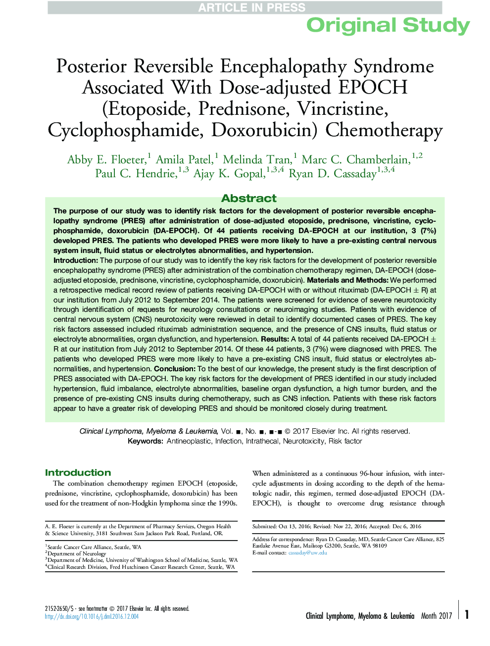 Posterior Reversible Encephalopathy Syndrome Associated With Dose-adjusted EPOCH (Etoposide, Prednisone, Vincristine, Cyclophosphamide, Doxorubicin) Chemotherapy