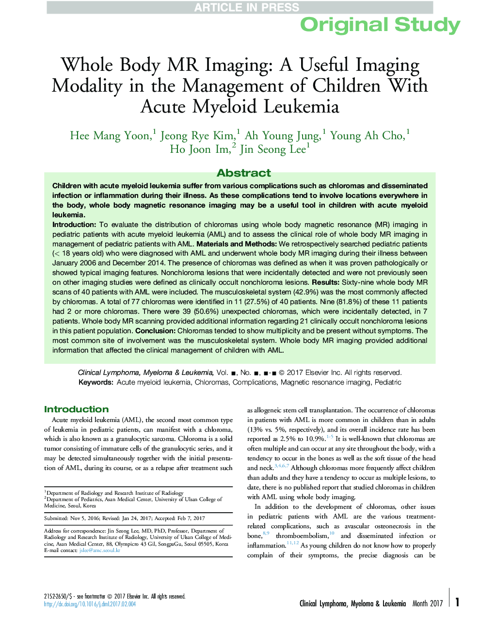 Whole Body MR Imaging: A Useful Imaging Modality in the Management of Children With Acute Myeloid Leukemia