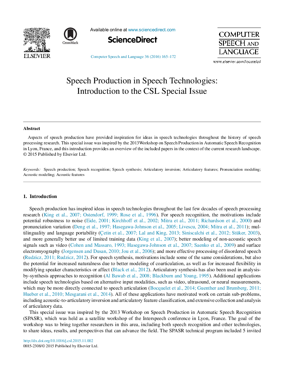 Speech Production in Speech Technologies: Introduction to the CSL Special Issue