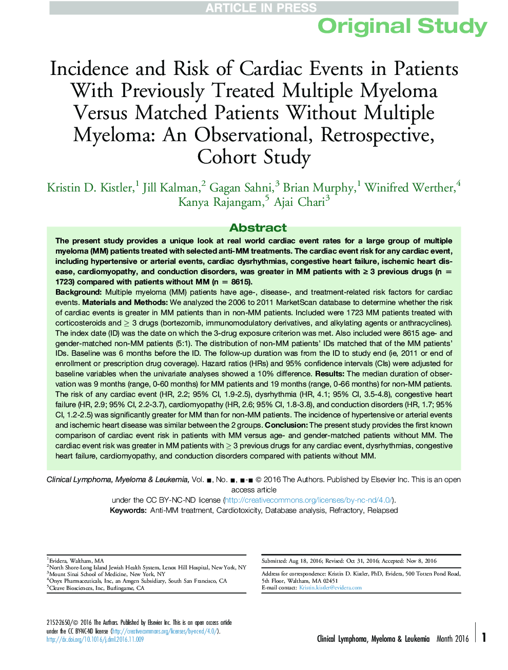 Incidence and Risk of Cardiac Events in Patients With Previously Treated Multiple Myeloma Versus Matched Patients Without Multiple Myeloma: An Observational, Retrospective, Cohort Study