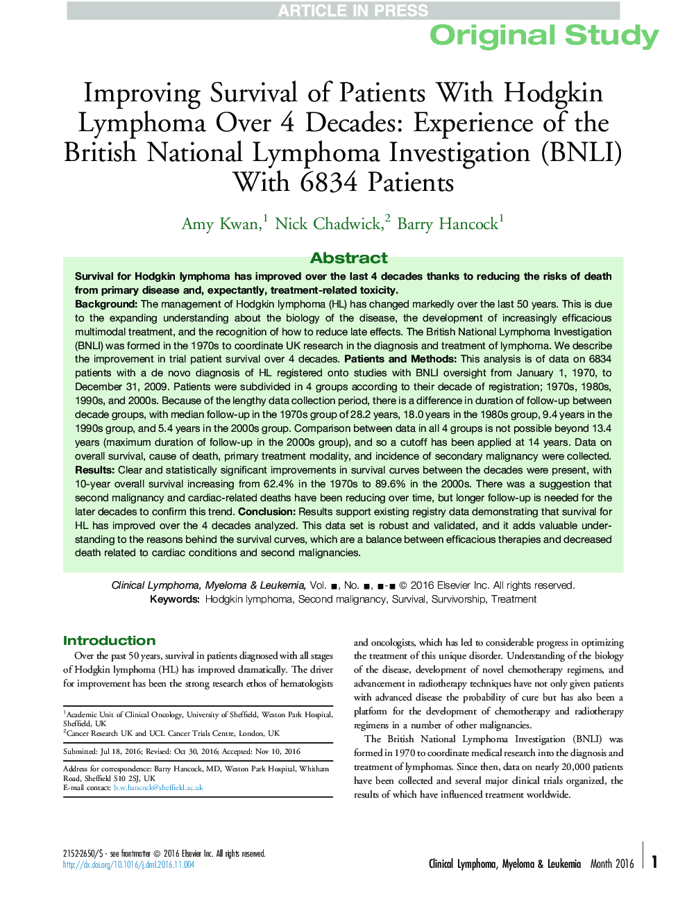 Improving Survival of Patients With Hodgkin Lymphoma Over 4 Decades: Experience of the British National Lymphoma Investigation (BNLI) With 6834 Patients