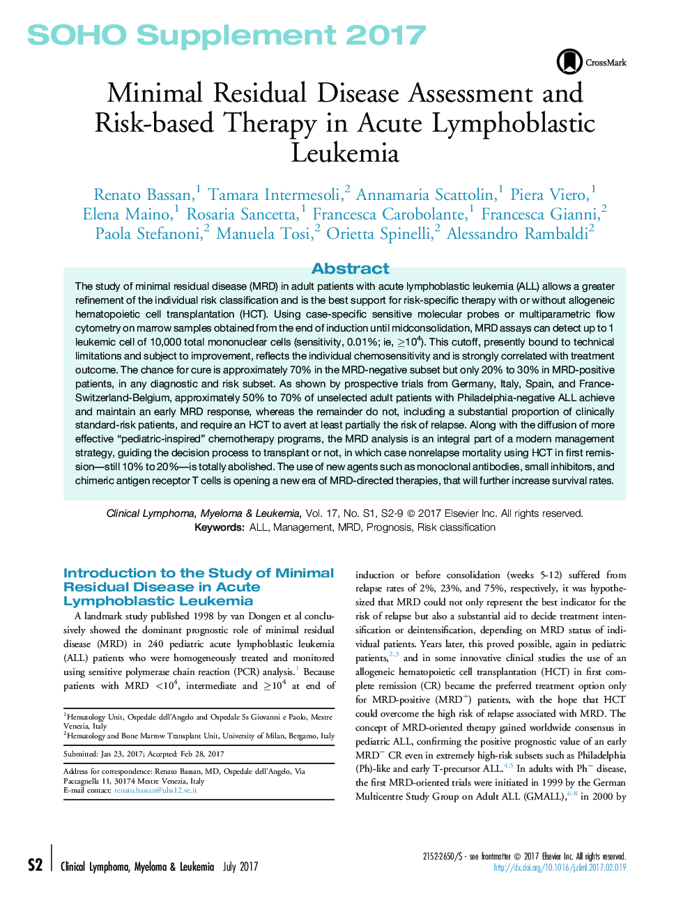 SOHO Supplement 2017Minimal Residual Disease Assessment and Risk-based Therapy in Acute Lymphoblastic Leukemia
