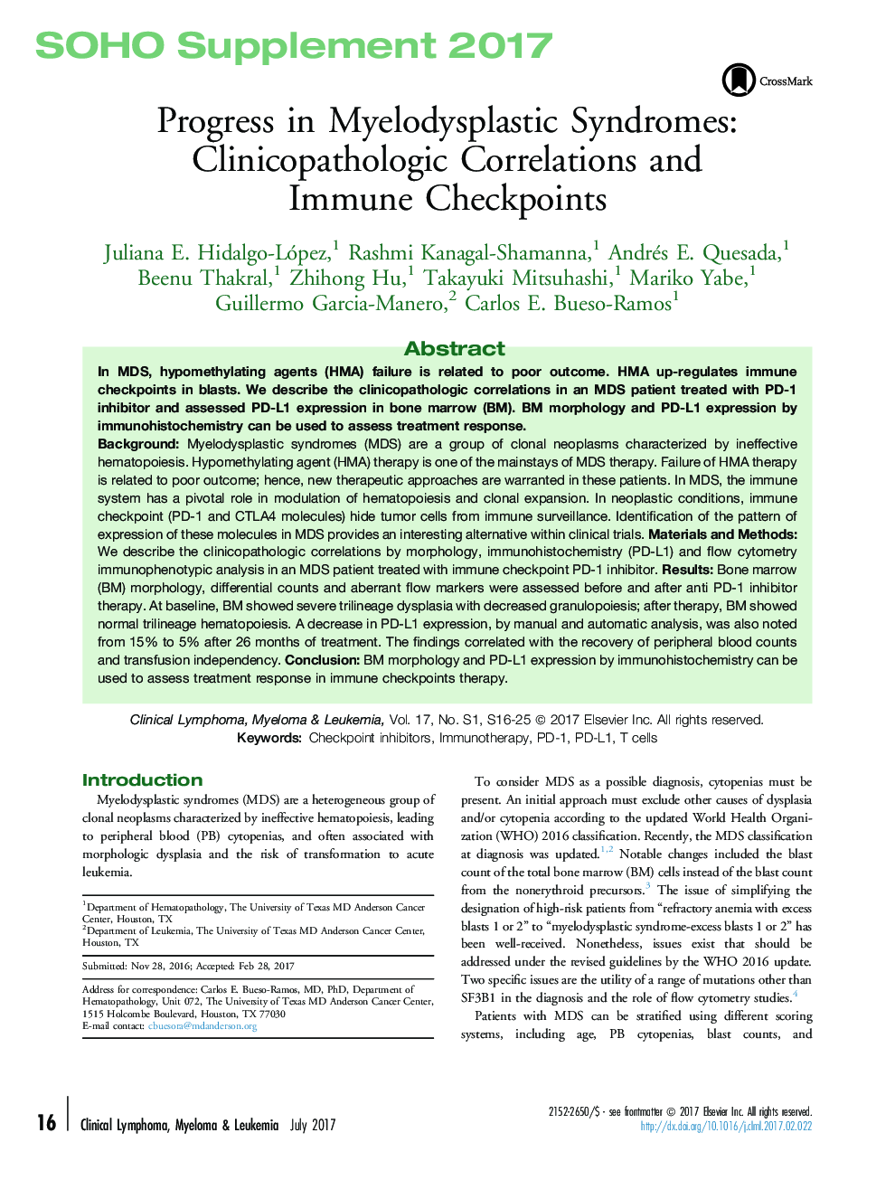 Progress in Myelodysplastic Syndromes: Clinicopathologic Correlations and ImmuneÂ Checkpoints