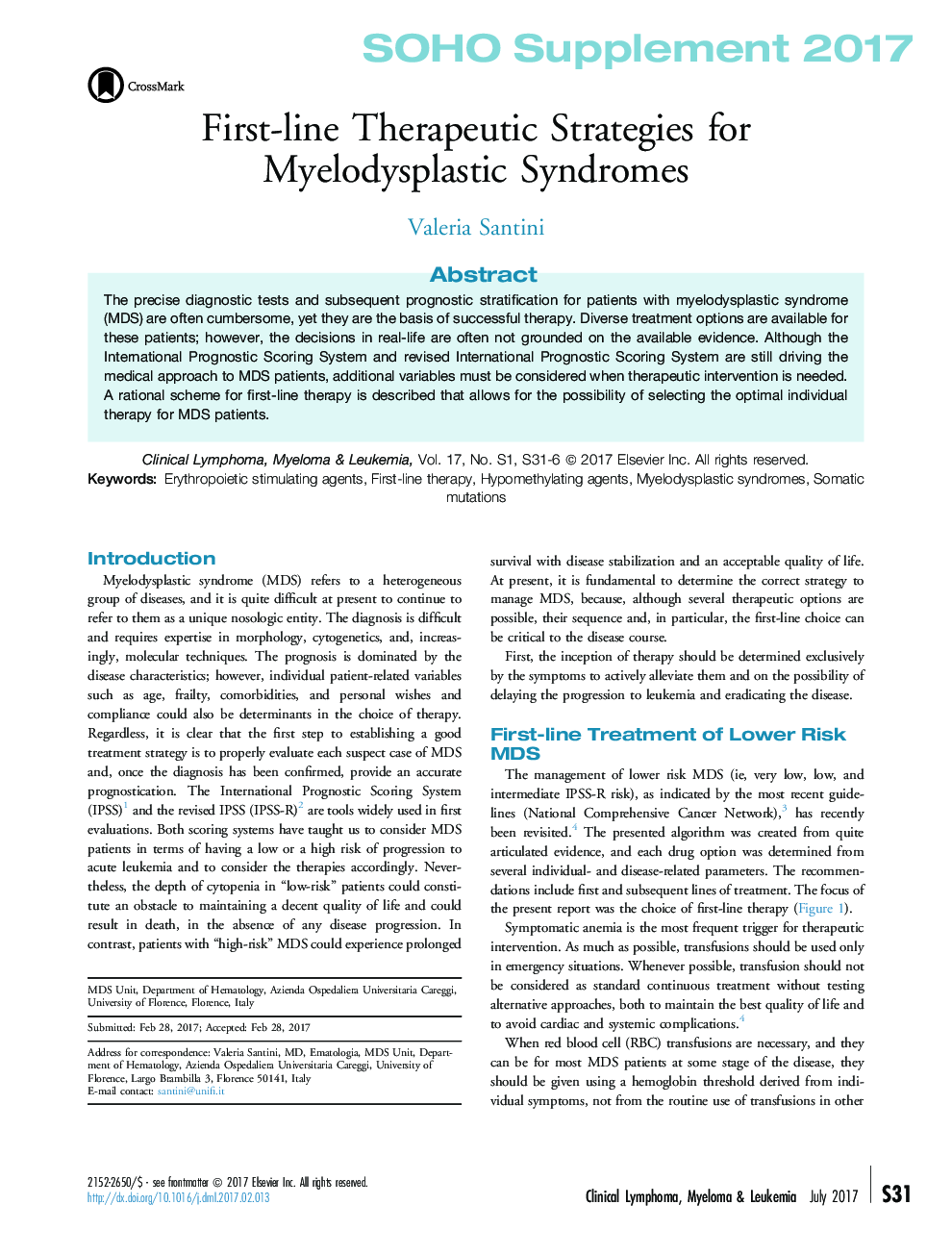 First-line Therapeutic Strategies for Myelodysplastic Syndromes