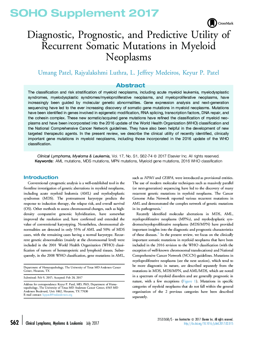 Diagnostic, Prognostic, and Predictive Utility of Recurrent Somatic Mutations in Myeloid Neoplasms