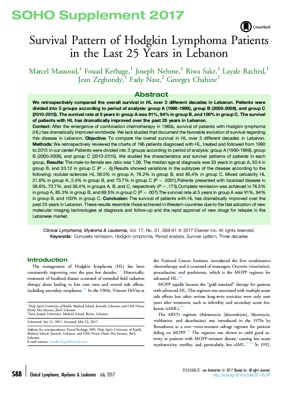 Survival Pattern of Hodgkin Lymphoma Patients in the Last 25 Years in Lebanon