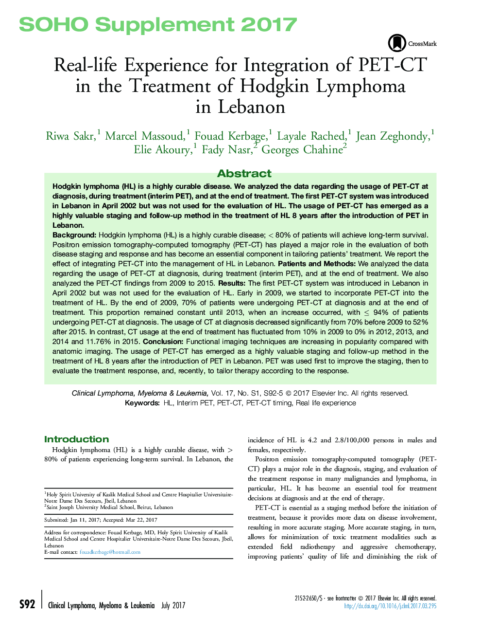 Real-life Experience for Integration of PET-CT inÂ the Treatment of Hodgkin Lymphoma inÂ Lebanon