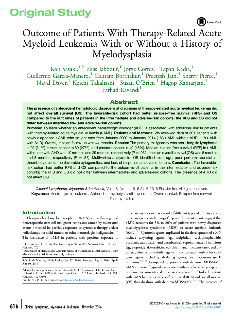 Original StudyOutcome of Patients With Therapy-Related Acute Myeloid Leukemia With or Without a History of Myelodysplasia