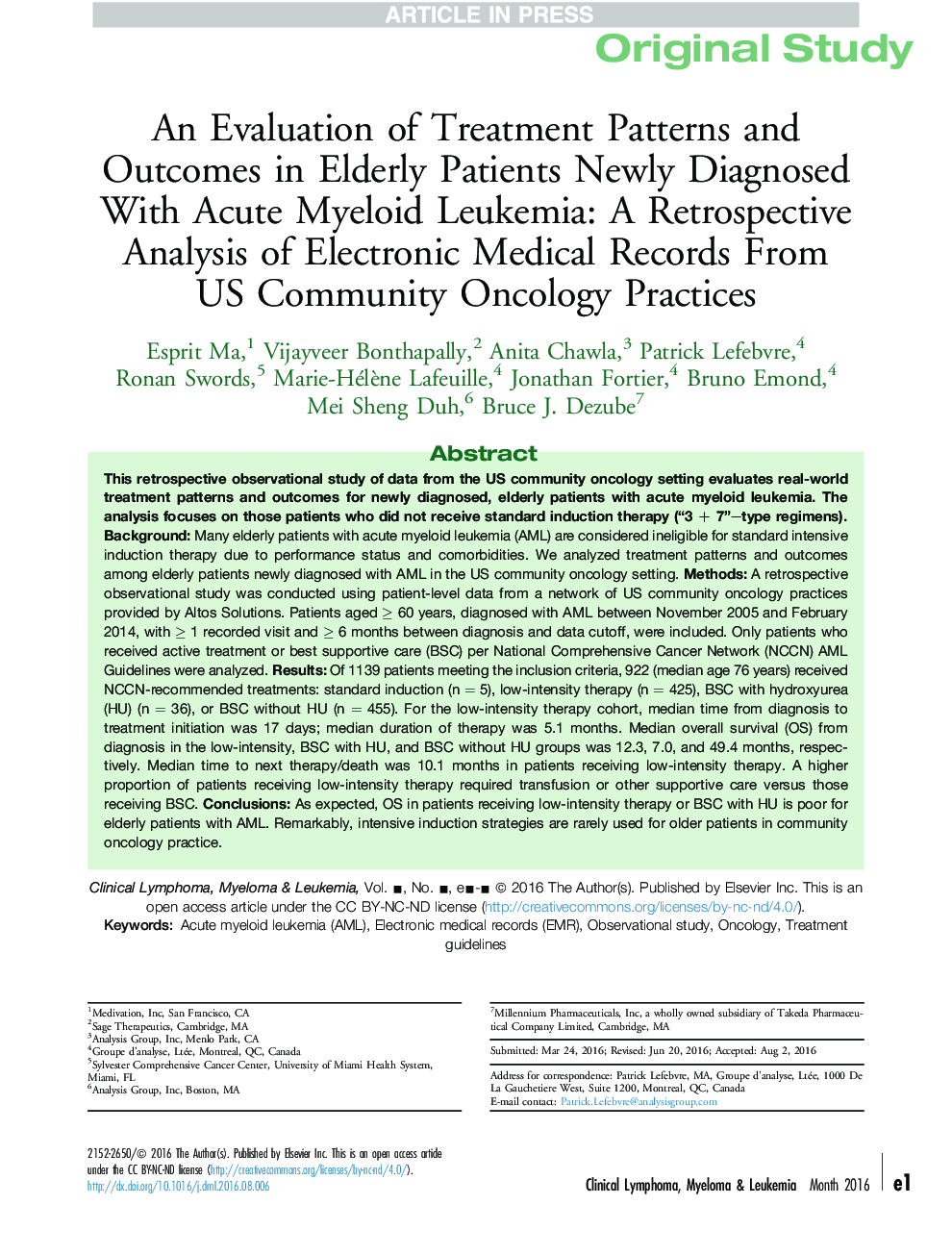 An Evaluation of Treatment Patterns and Outcomes in Elderly Patients Newly Diagnosed With Acute Myeloid Leukemia: A Retrospective Analysis of Electronic Medical Records From USÂ Community Oncology Practices