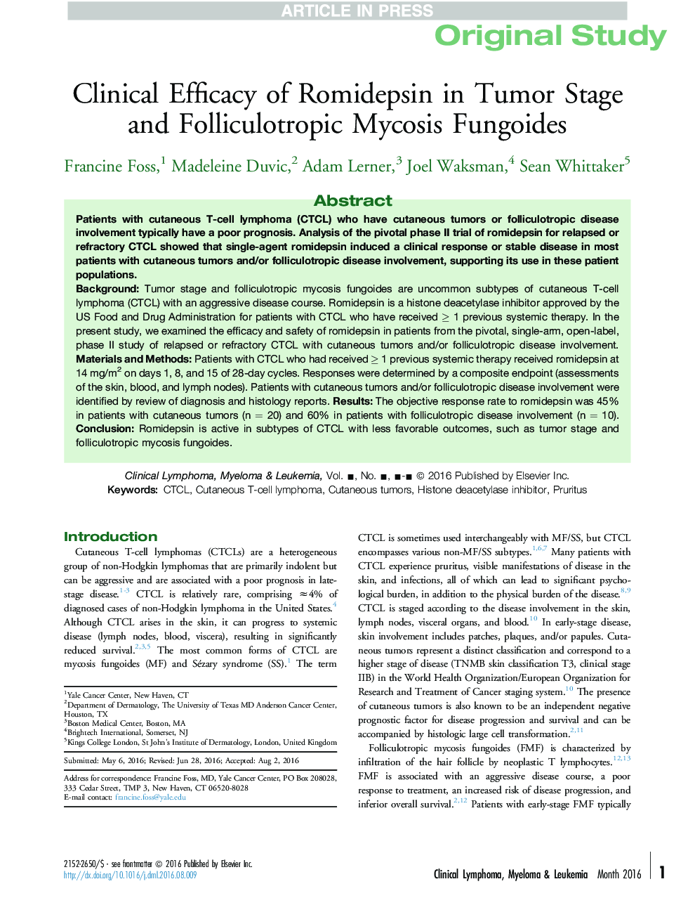 Clinical Efficacy of Romidepsin in Tumor Stage and Folliculotropic Mycosis Fungoides