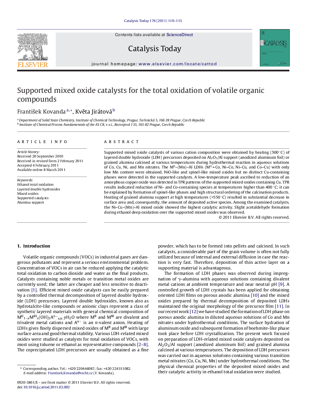 Supported mixed oxide catalysts for the total oxidation of volatile organic compounds