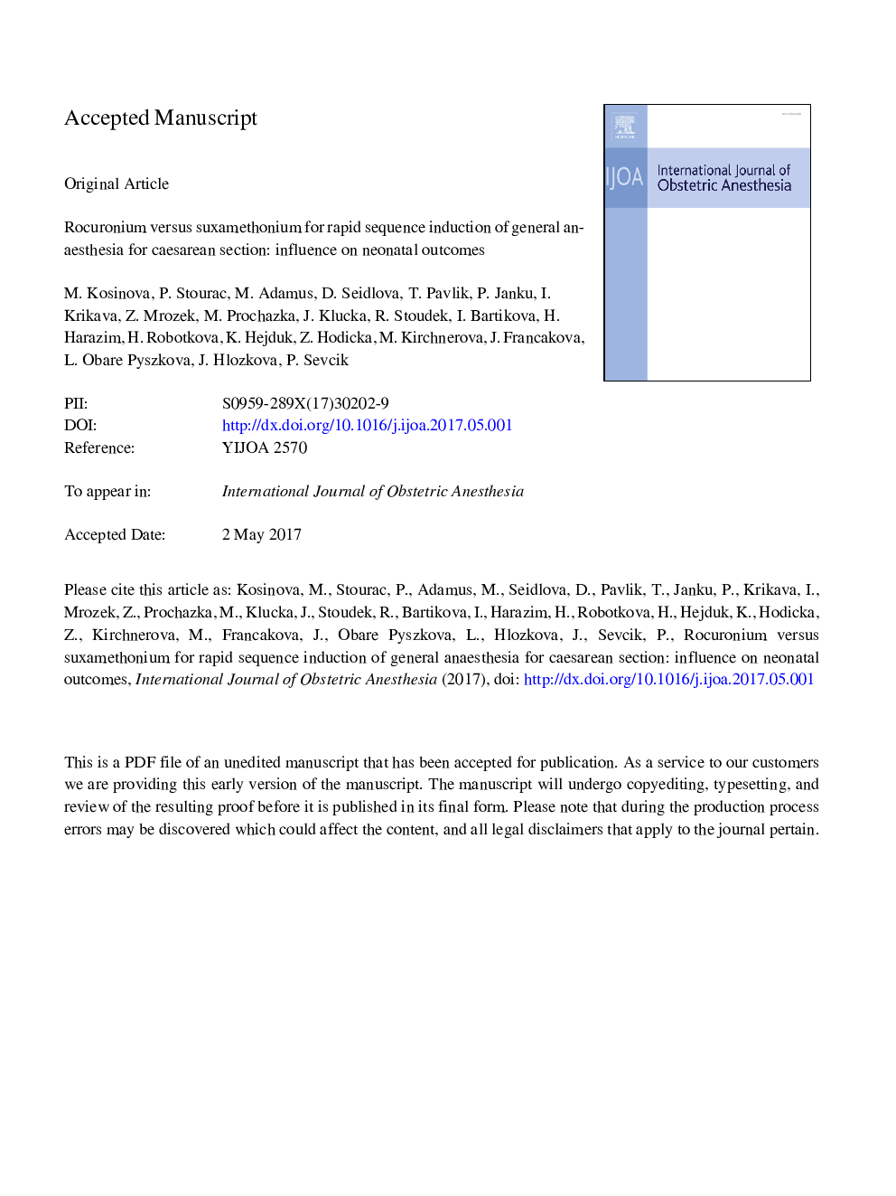 Rocuronium versus suxamethonium for rapid sequence induction of general anaesthesia for caesarean section: influence on neonatal outcomes