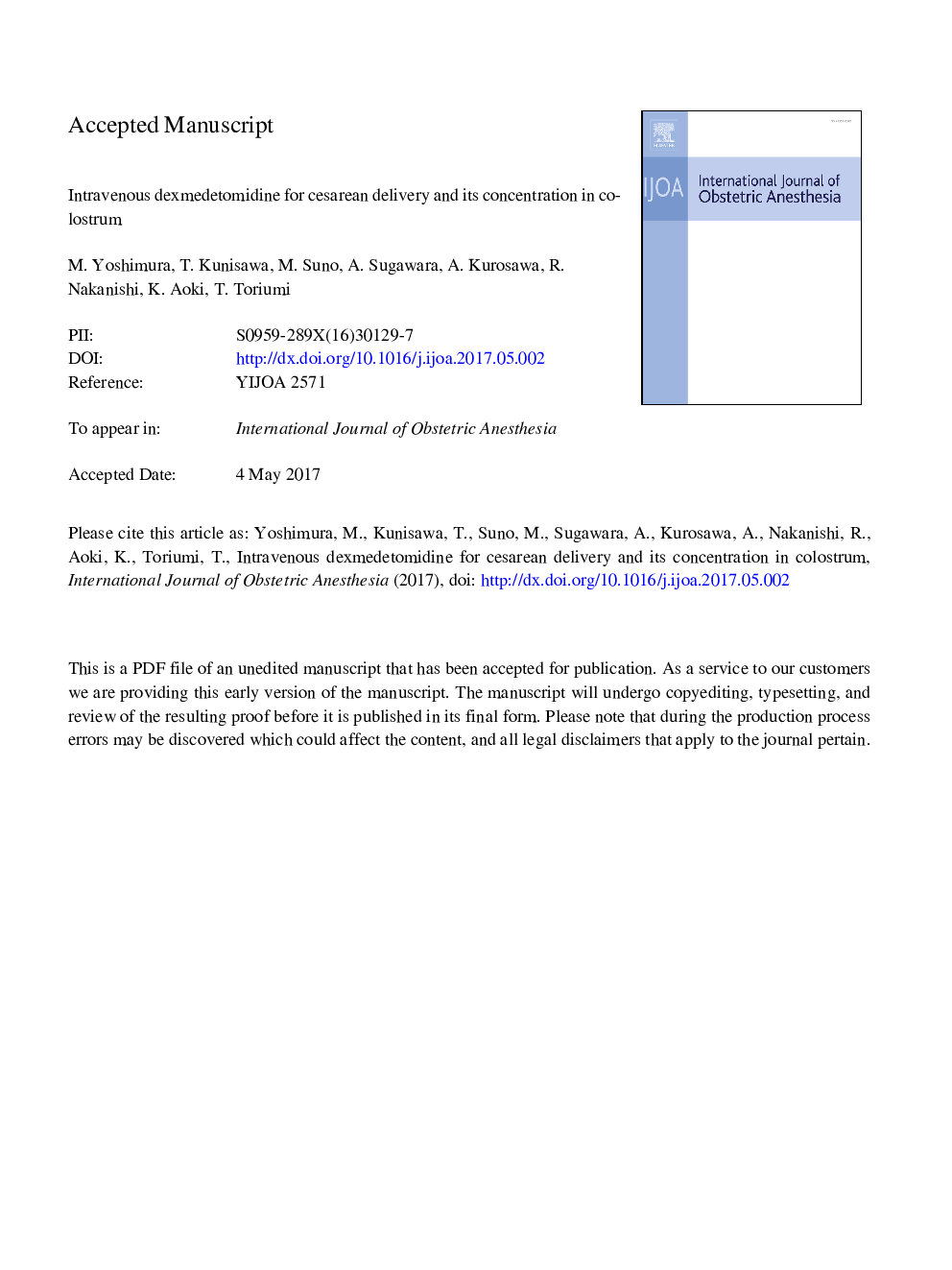 Intravenous dexmedetomidine for cesarean delivery and its concentration in colostrum