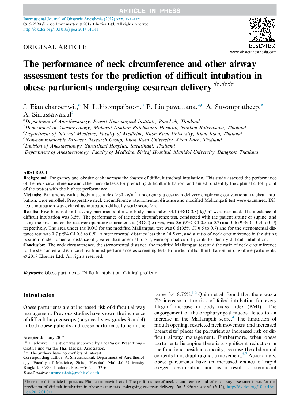 The performance of neck circumference and other airway assessment tests for the prediction of difficult intubation in obese parturients undergoing cesarean delivery