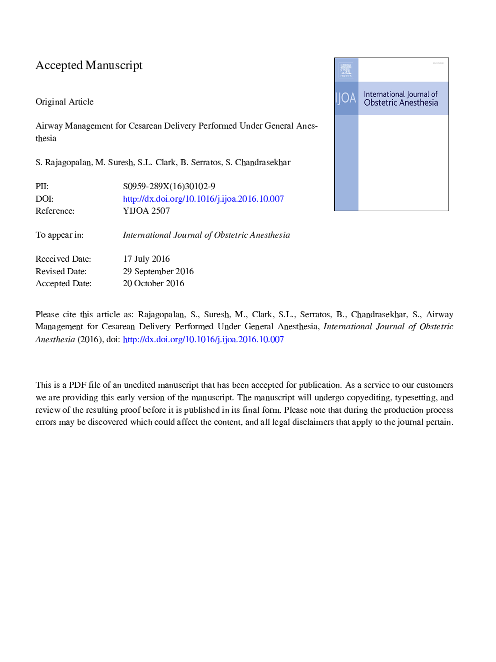 Airway management for cesarean delivery performed under general anesthesia