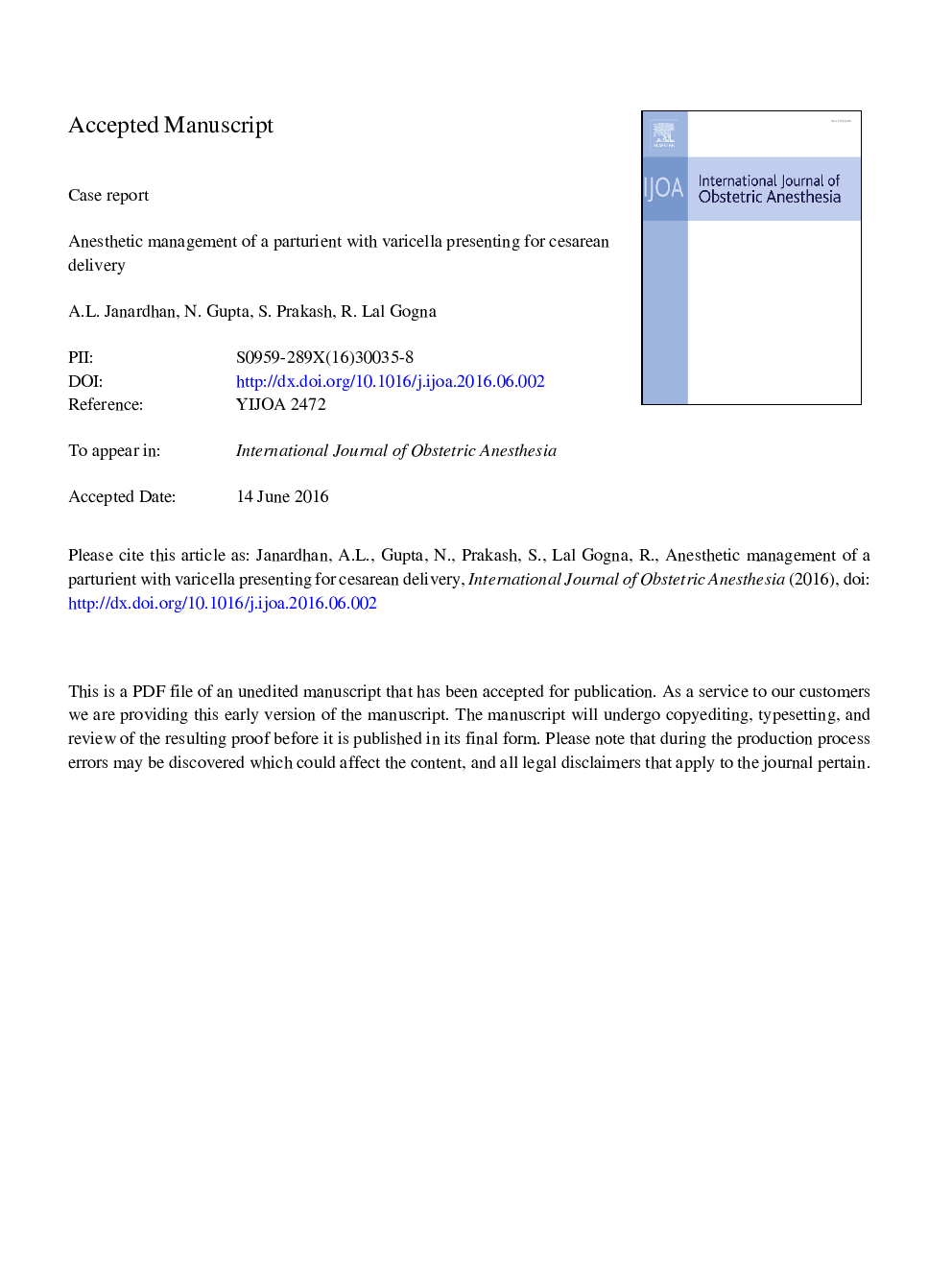 Anesthetic management of a parturient with varicella presenting for cesarean delivery