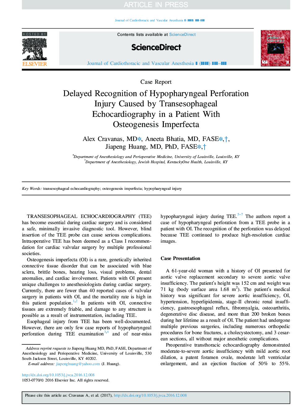 Delayed Recognition of Hypopharyngeal Perforation Injury Caused by Transesophageal Echocardiography in a Patient With Osteogenesis Imperfecta