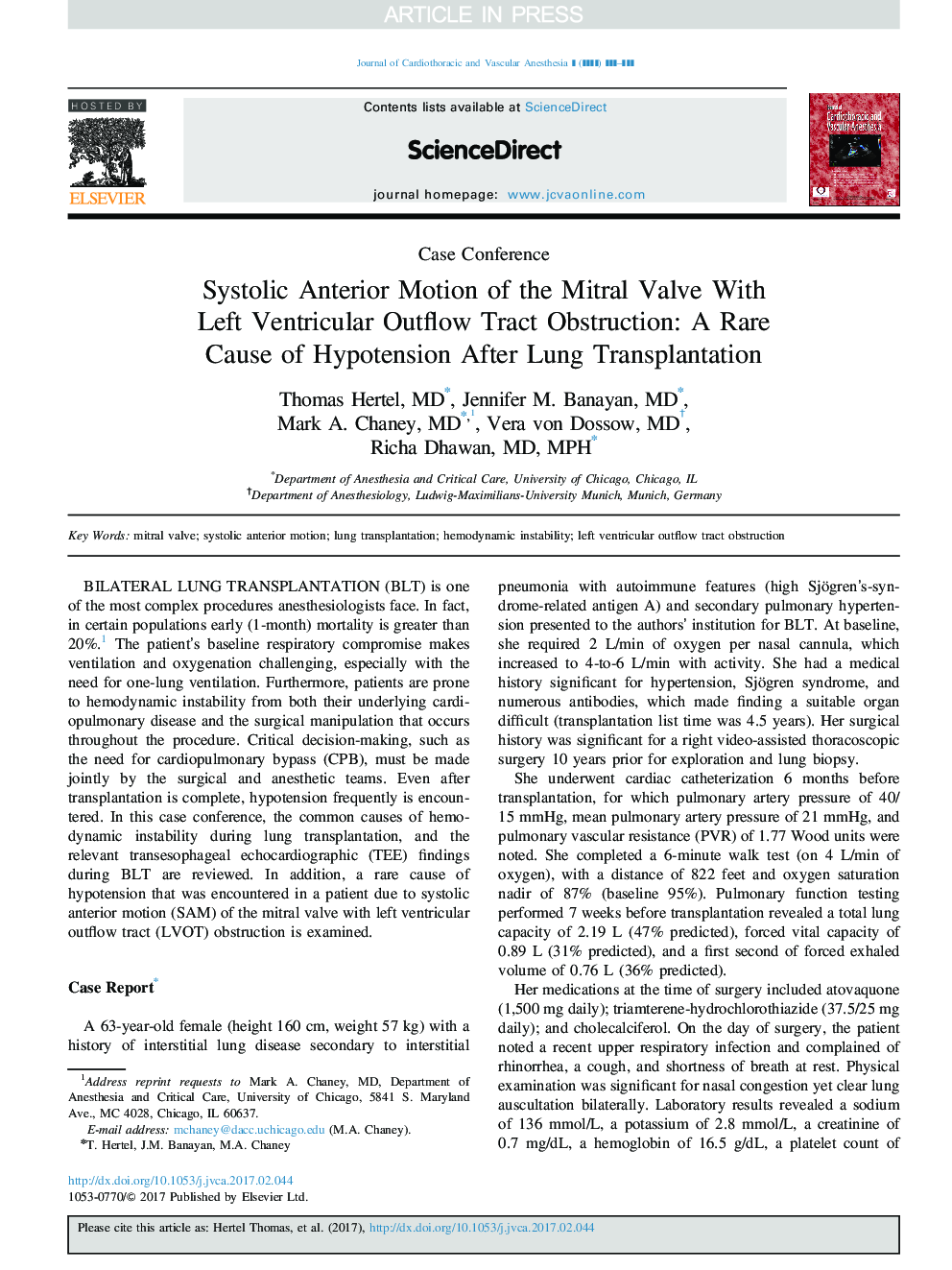 Systolic Anterior Motion of the Mitral Valve With Left Ventricular Outflow Tract Obstruction: A Rare Cause of Hypotension After Lung Transplantation