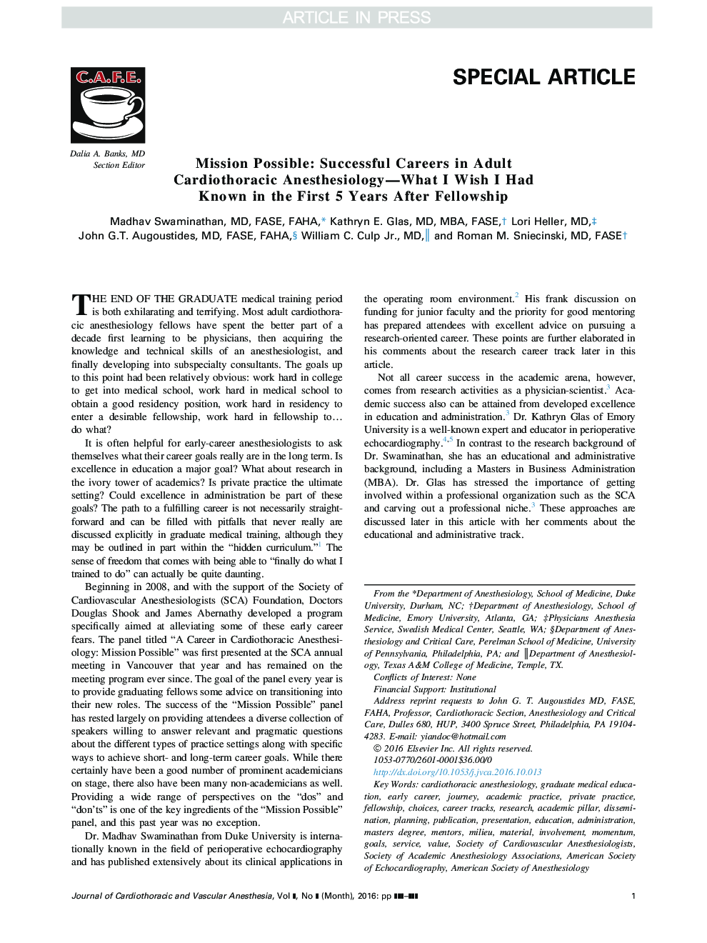 Mission Possible: Successful Careers in Adult Cardiothoracic Anesthesiology-What I Wish I Had Known in the First 5 Years After Fellowship