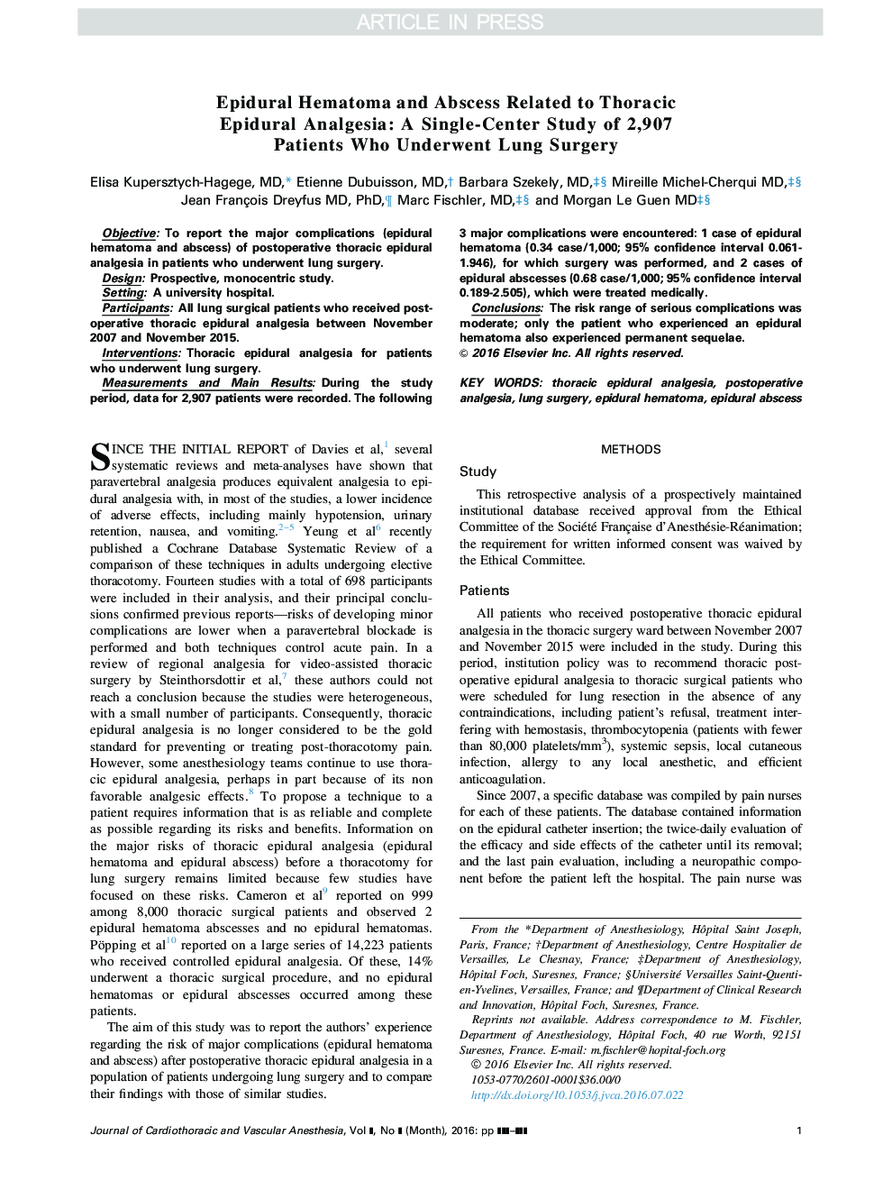 هماتوم اپیدورال و آبسه مربوط به آنژگی اپیدورال توراکس: مطالعه تک محوری از 2،907 بیمار مبتلا به جراحی ریه 