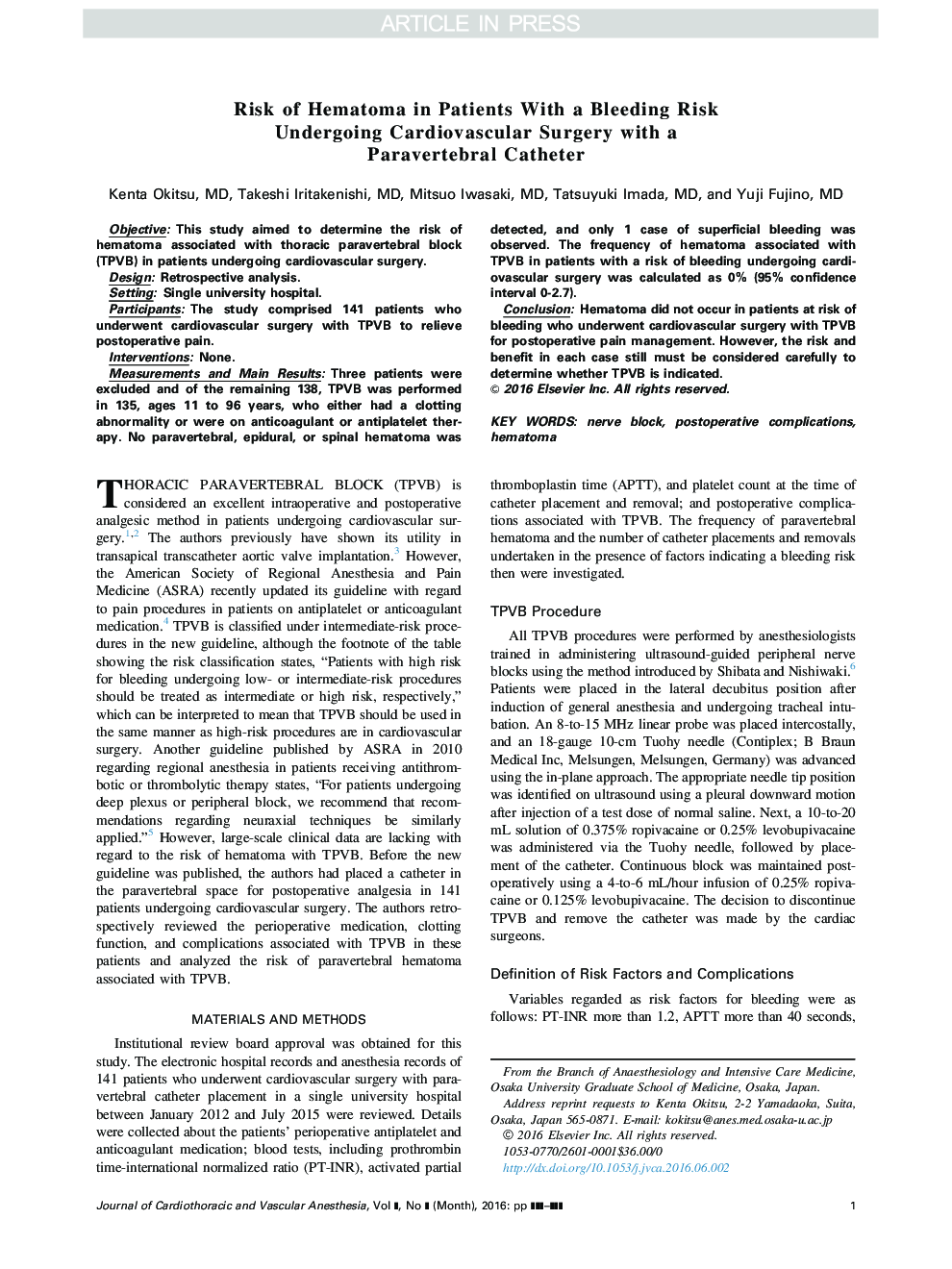 Risk of Hematoma in Patients With a Bleeding Risk Undergoing Cardiovascular Surgery With a Paravertebral Catheter