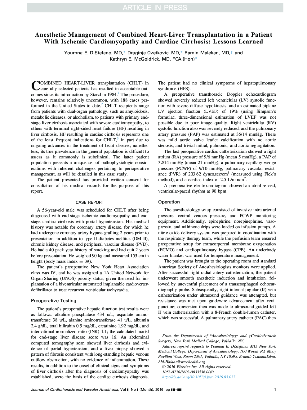 Anesthetic Management of Combined Heart-Liver Transplantation in a Patient With Ischemic Cardiomyopathy and Cardiac Cirrhosis: Lessons Learned