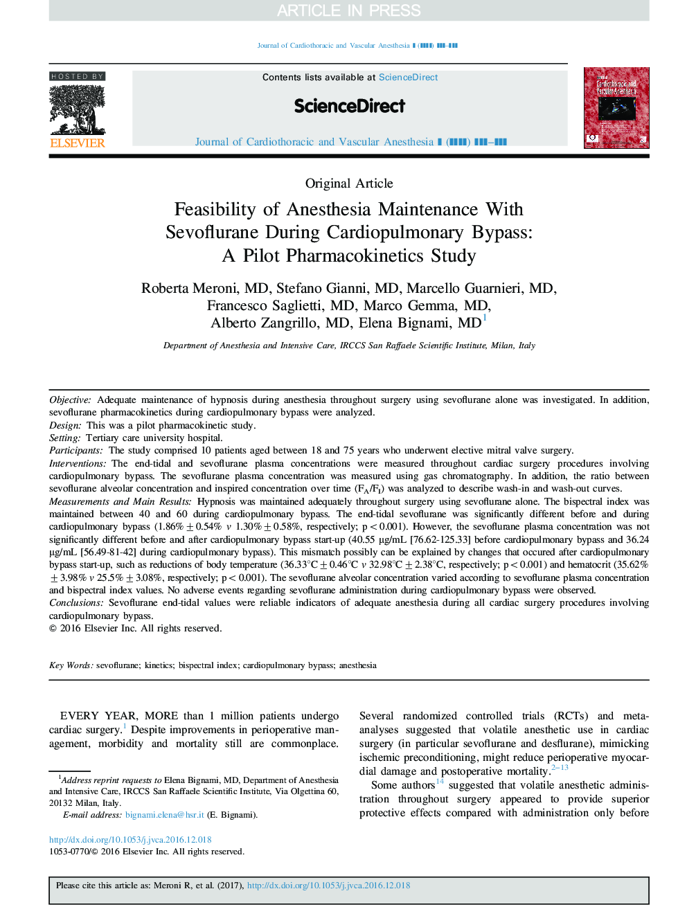 Feasibility of Anesthesia Maintenance With Sevoflurane During Cardiopulmonary Bypass: A Pilot Pharmacokinetics Study