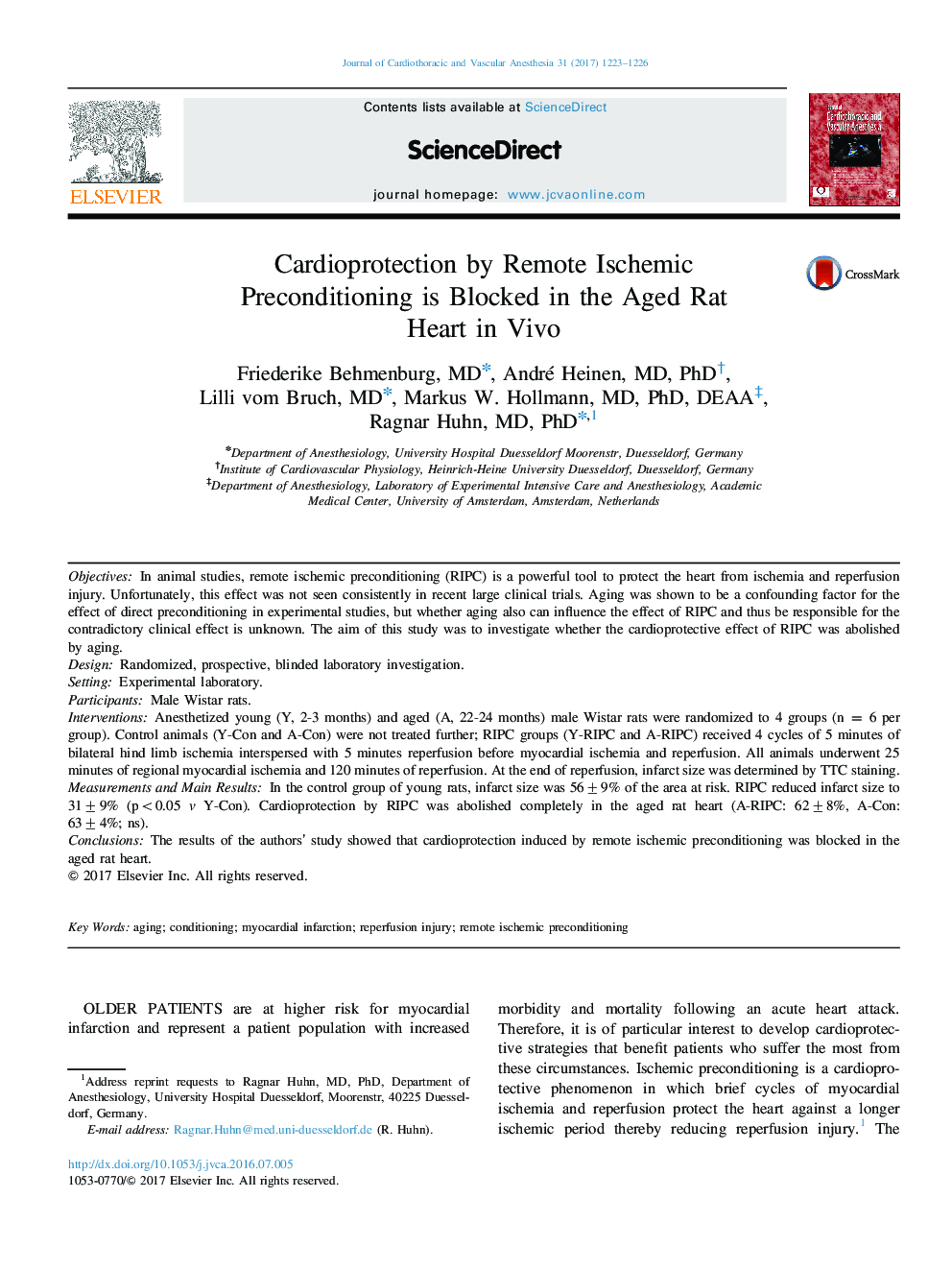 Cardioprotection by Remote Ischemic Preconditioning is Blocked in the Aged Rat Heart in Vivo