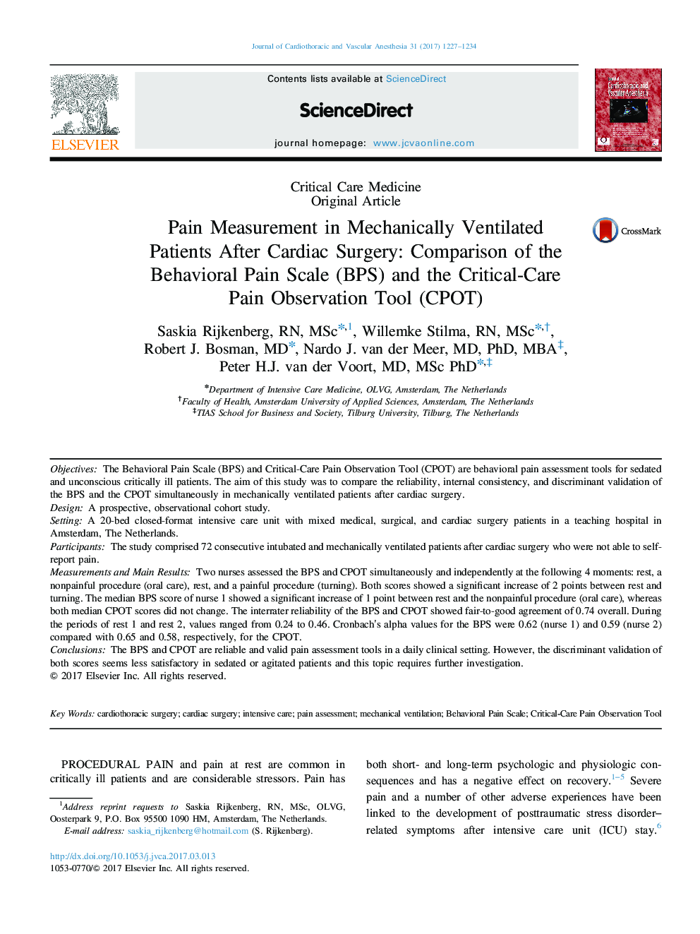 Pain Measurement in Mechanically Ventilated Patients After Cardiac Surgery: Comparison of the Behavioral Pain Scale (BPS) and the Critical-Care Pain Observation Tool (CPOT)