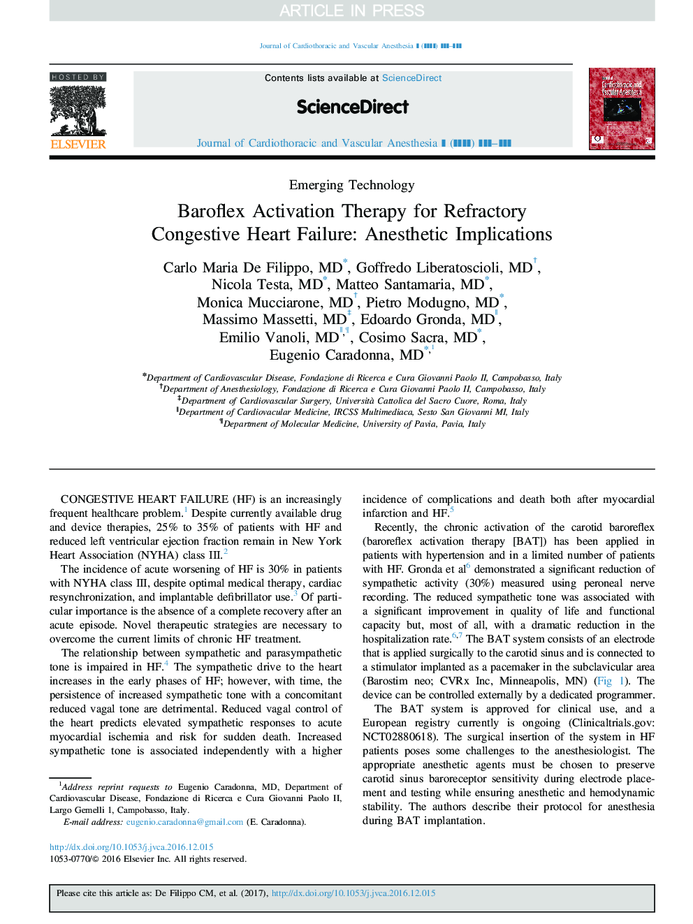 Baroflex Activation Therapy for Refractory Congestive Heart Failure: Anesthetic Implications