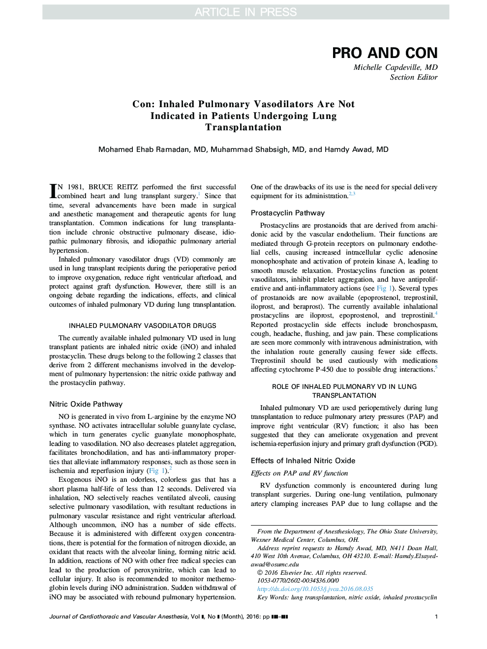 Con: Inhaled Pulmonary Vasodilators Are Not Indicated in Patients Undergoing Lung Transplantation