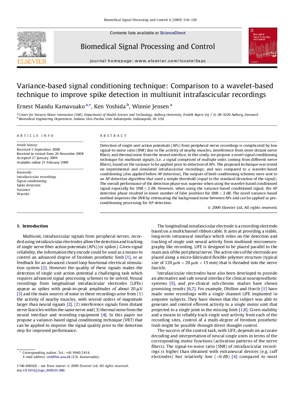 Variance-based signal conditioning technique: Comparison to a wavelet-based technique to improve spike detection in multiunit intrafascicular recordings