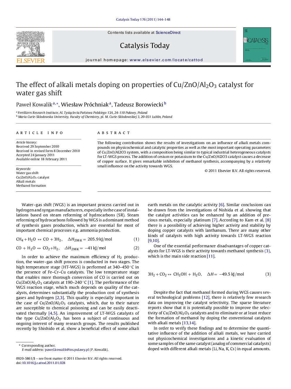 عکس صفحه اول مقاله: The effect of alkali metals doping on properties of Cu/ZnO/Al2O3 catalyst for water gas shift The effect of alkali metals doping on properties of Cu/ZnO/Al2O3 catalyst for water gas shift