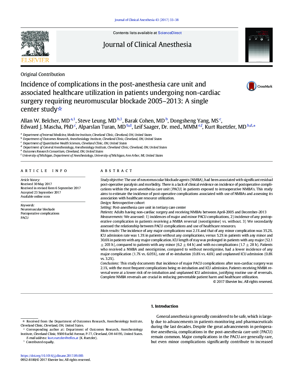 Incidence of complications in the post-anesthesia care unit and associated healthcare utilization in patients undergoing non-cardiac surgery requiring neuromuscular blockade 2005-2013: A single center study